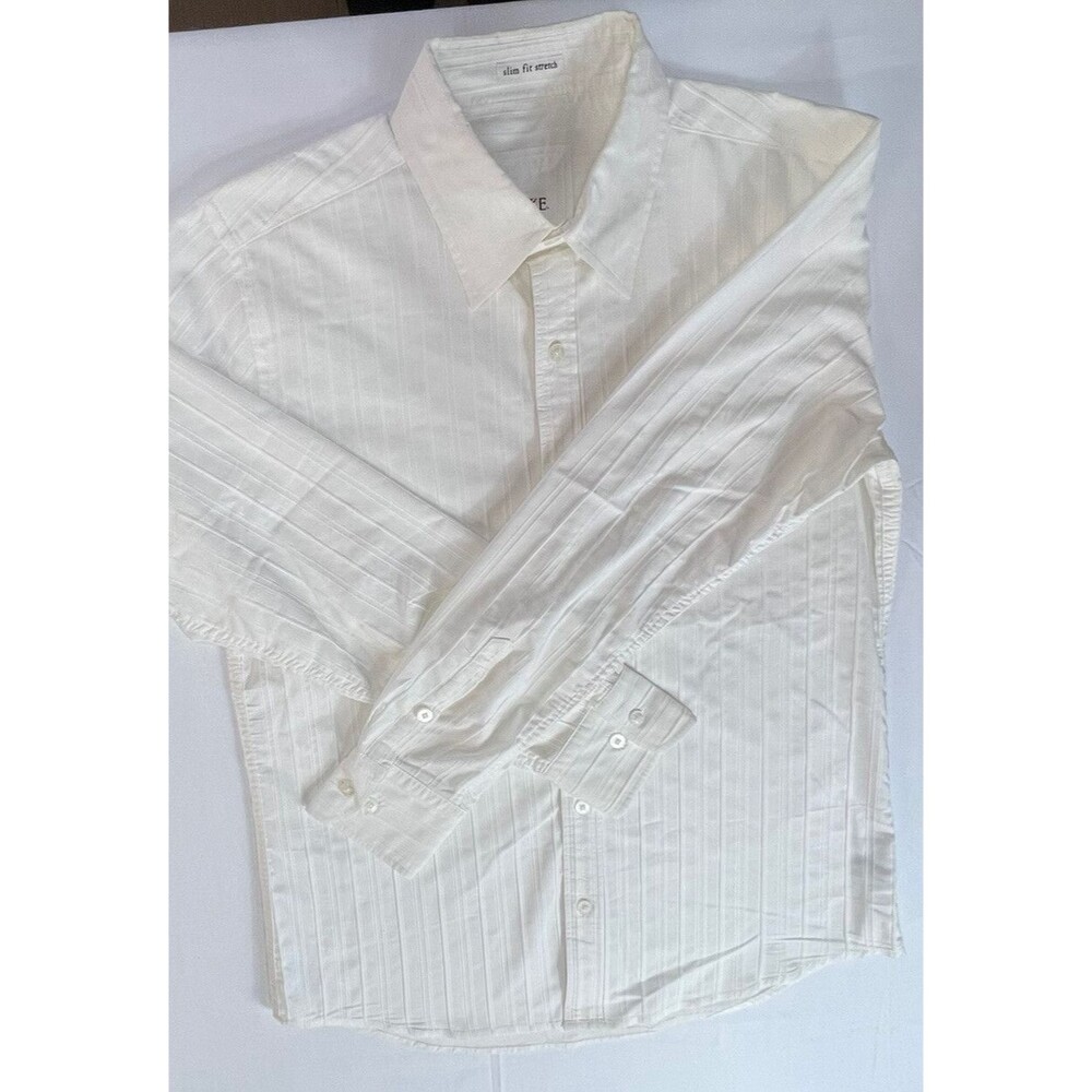 BKE Mens Medium Slim Fit Ivory Striped Stretch Long Sleeve Button Up Shirt
